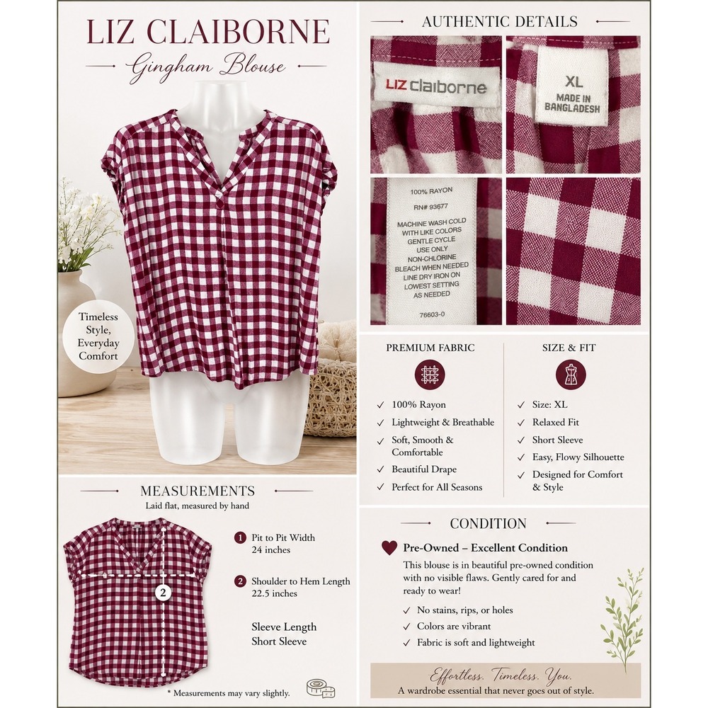 Liz Claiborne Blouse Womens ExLarge Burgundy Gingham Rayon V Neck Preppy - Picture 7 of 12
